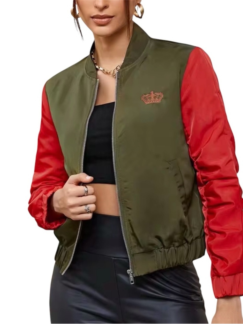 SHEIN Olive Green orange Colorblock Letter Graphic Zip-Up Bomber Jacket Sz 4